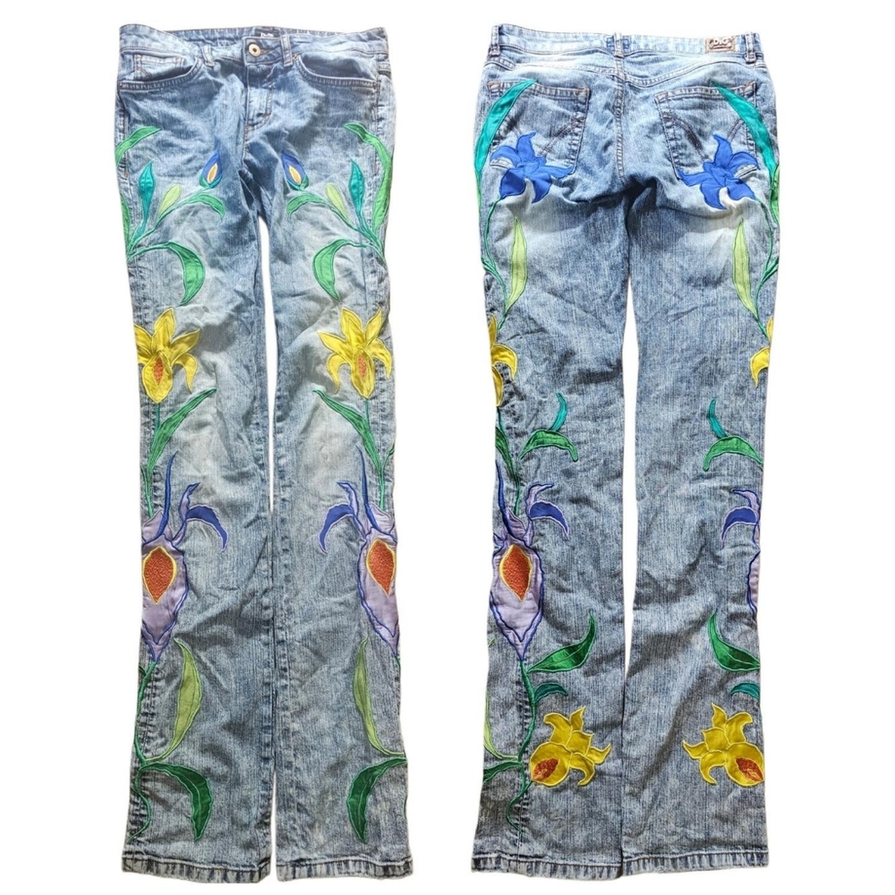 Vintage Dolce & Gabbana Slimmy Fit Floral Embroidered Fade Wash Jeans Size 26